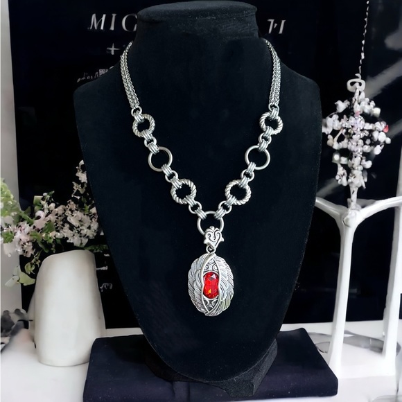 stainless steel necklace double wheat chain angel wings red stone charm . - Picture 3 of 13